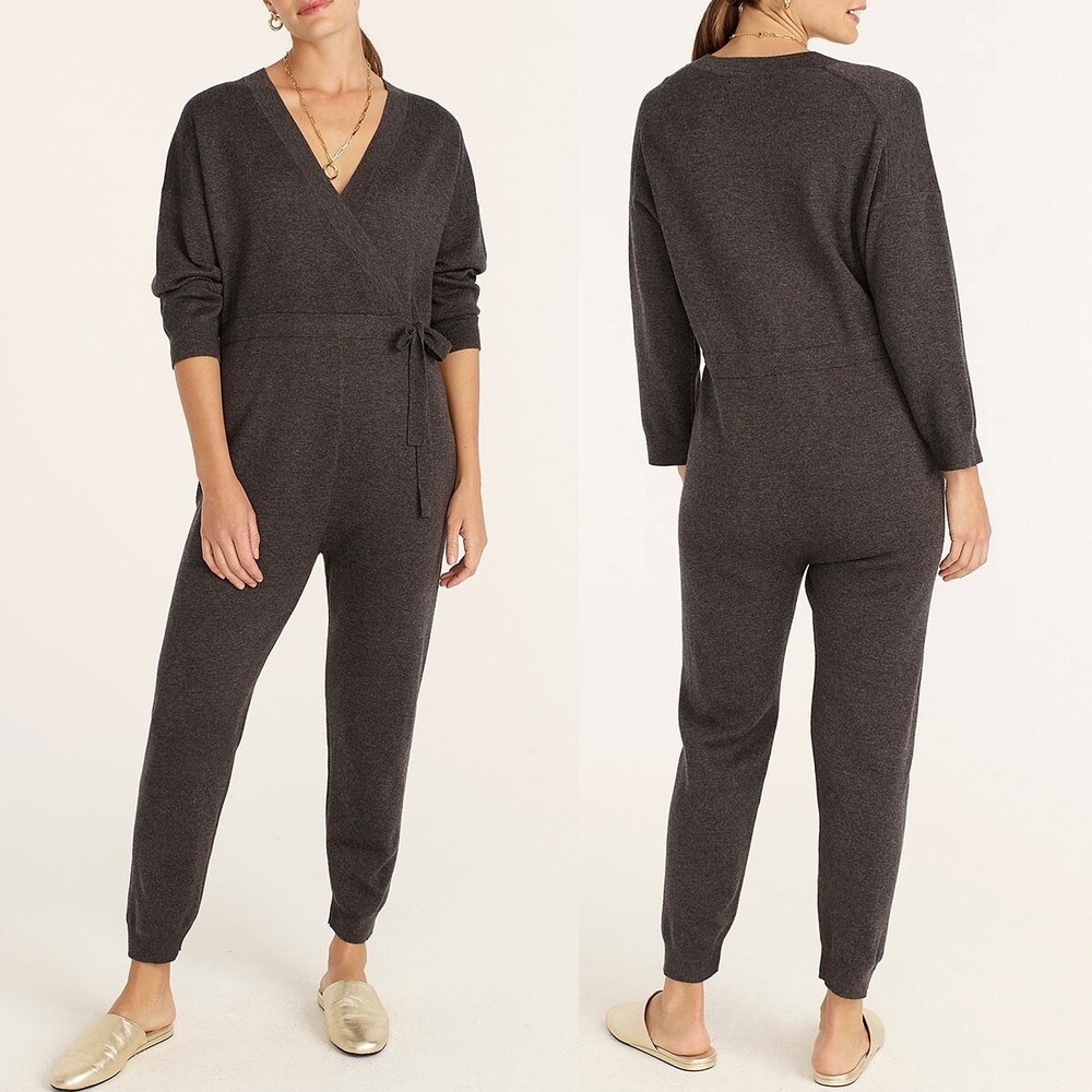 J. Crew Merino Wool Blend Wrap Knit Jumpsuit Charcoal Gray BB378 Women's Small